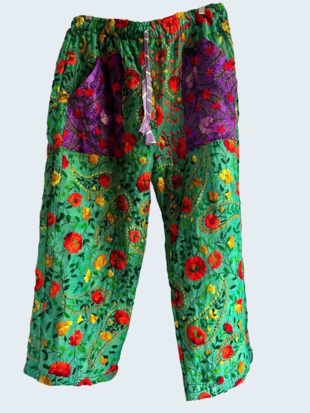 Green Floral Phulkari Embroidered Wide-Leg Pants with Purple Patch Pockets